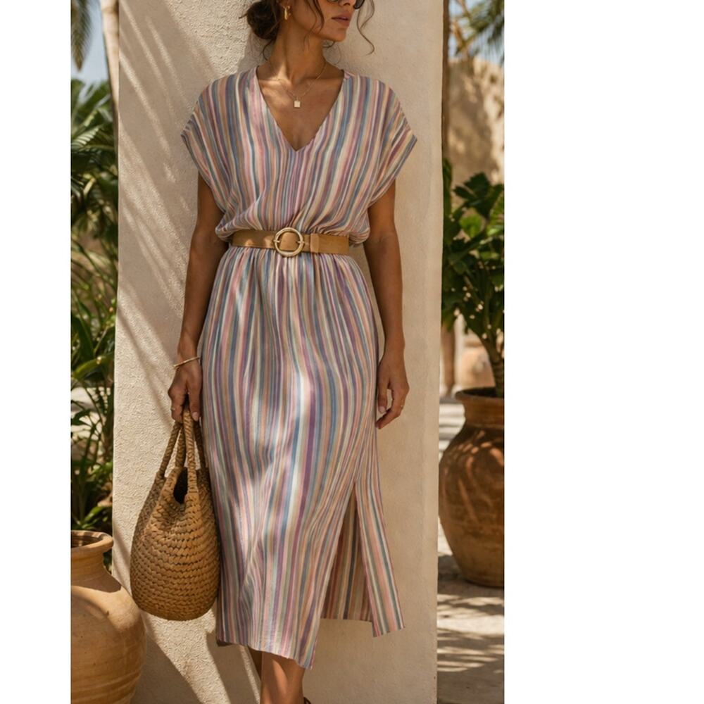 Vintage Pastel Stripe Midi Dress V Neck Elastic Waist Boho Medium